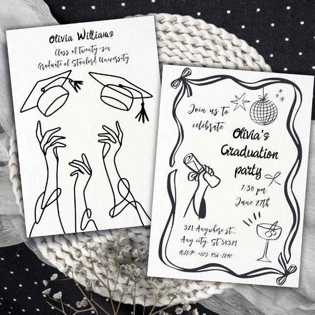 Hand Drawn Minimalist Black White Graduation Party Einladung (Von Creator hochgeladen)