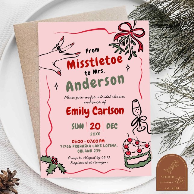 Hand Drawn Misstletoe an Frau Bow Brautparty Einladung (Von Creator hochgeladen)