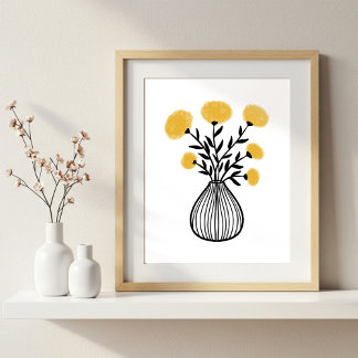 Hand-Drawn Mixed Media Art Mustard Yellow Florals Poster