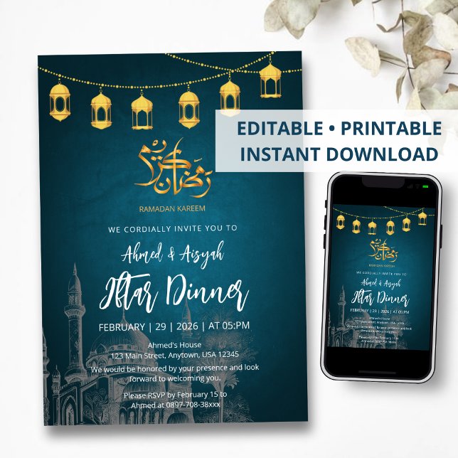 Hand-Drawn Mosque Sketch & Gold Lantern Iftar Einladung (Von Creator hochgeladen)