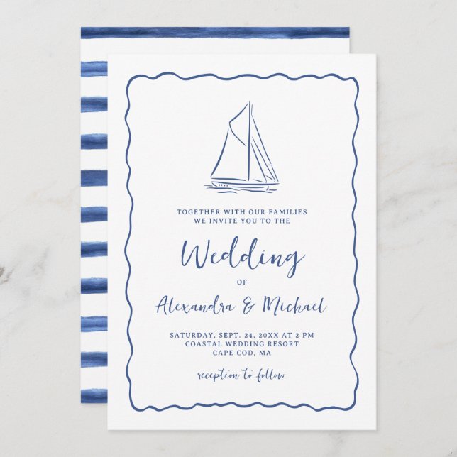 Hand Drawn Nautical Sailboat Navy Blue Wedding Einladung (Vorne/Hinten)
