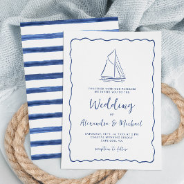 Hand Drawn Nautical Sailboat Navy Blue Wedding Einladung