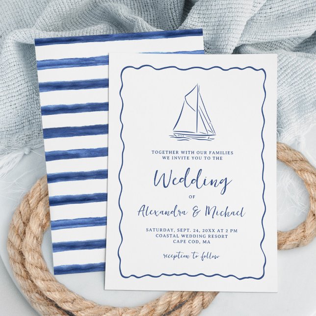 Hand Drawn Nautical Sailboat Navy Blue Wedding Einladung (Von Creator hochgeladen)