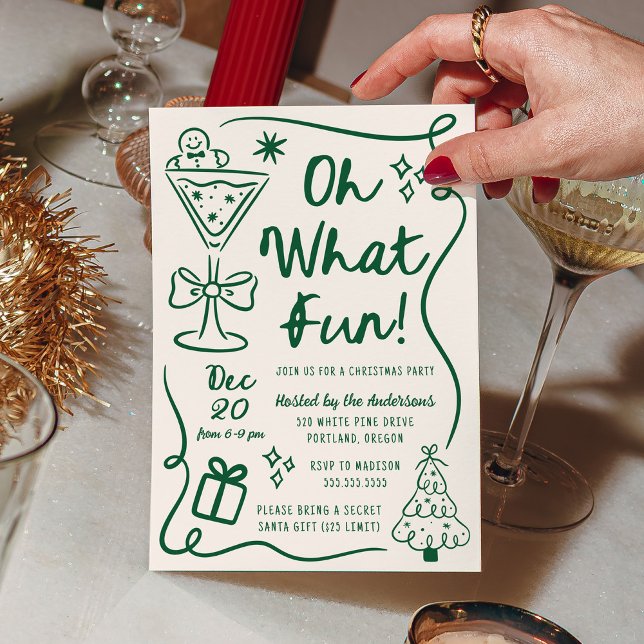 Hand-Drawn Oh What Fun Green Christmas Party Einladung (Von Creator hochgeladen)