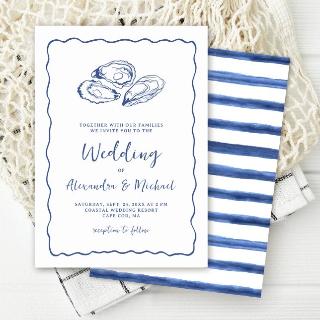 Hand Drawn Oysters Coastal Navy Blue Wedding Einladung (Von Creator hochgeladen)