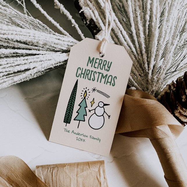Hand Drawn Painted Green Christmas Trees Snowman Geschenkanhänger (Von Creator hochgeladen)