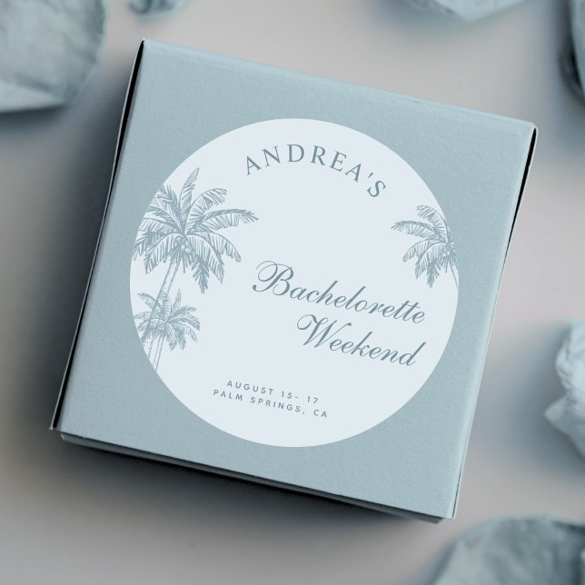 Hand Drawn Palm Tree Dusty Blue Bachelorette Favor Runder Aufkleber (Von Creator hochgeladen)