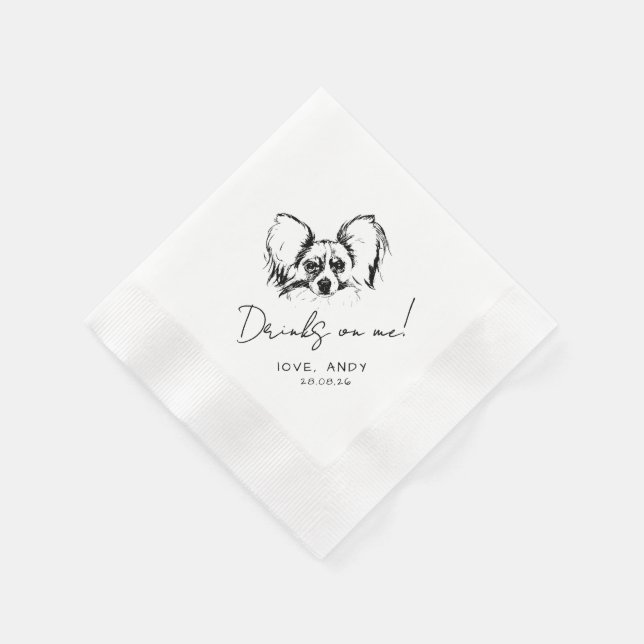 Hand Drawn Papillon Dog Drinks on me Cocktail Serviette (Ecke)