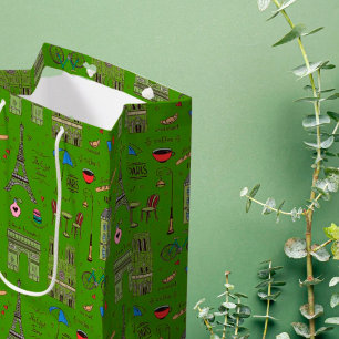 Hand Drawn Paris Doodles  on Green Mittlere Geschenktüte