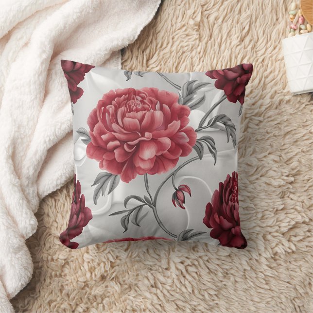 Hand-Drawn Peony Throw Pillow Cover Elegant Crimso Kissen (Decke)