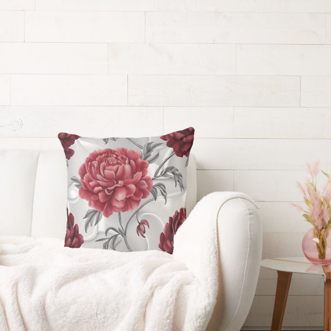 Hand-Drawn Peony Throw Pillow Cover Elegant Crimso Kissen (Liege)