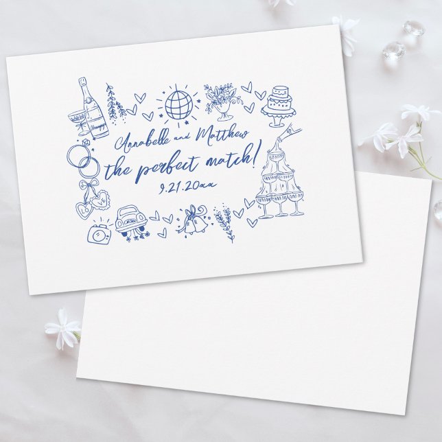 Hand Drawn Perfect Match Blue Whimsical Wedding Einladung (Hand Drawn Perfect Match Blue Whimsical Wedding Invitation)