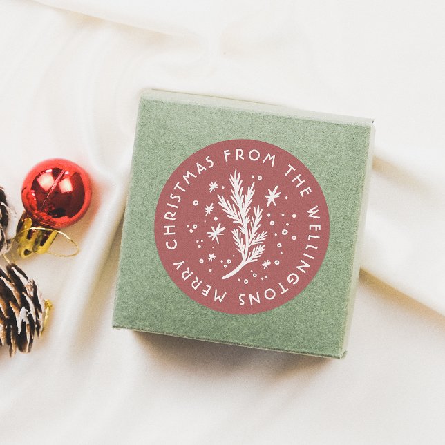 Hand-Drawn Pine & Snow Red Merry Christmas Runder Aufkleber (Von Creator hochgeladen)