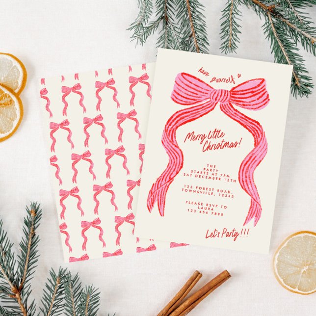 Hand Drawn Pink and Red Bow Christmas Party Einladung (Von Creator hochgeladen)