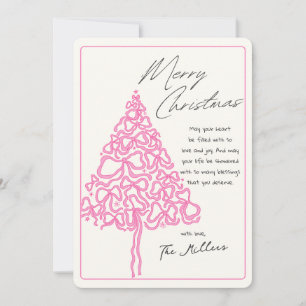 Hand Drawn Pink Bow Weihnachtsbaum Frohe Weihnacht Feiertagskarte