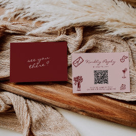 Hand Drawn Pink Burgundy Romantic QR Code Wedding RSVP Karte