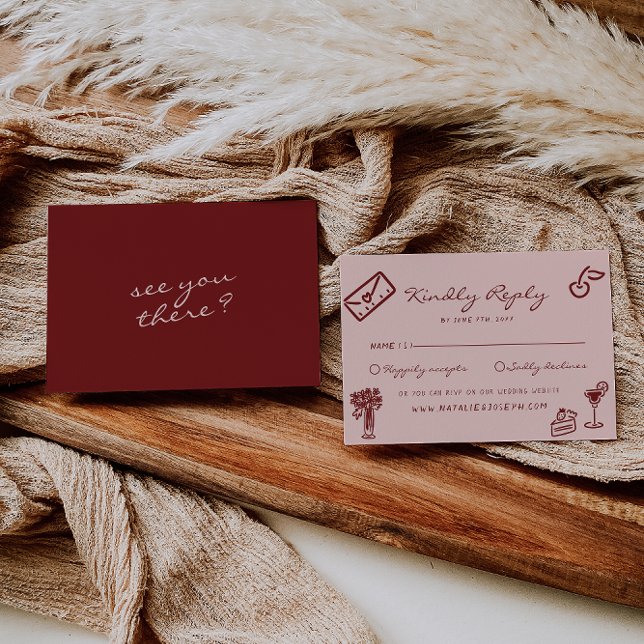 Hand Drawn Pink Burgundy Romantic Wedding RSVP Karte (Von Creator hochgeladen)