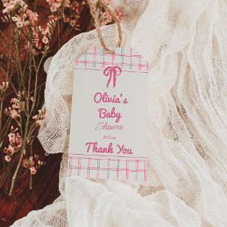 Hand Drawn Pink Gingham Bow Baby Girl Shower Geschenkanhänger