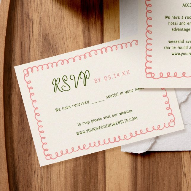 Hand Drawn Pink Green French Fusion RSVP Karte (Von Creator hochgeladen)