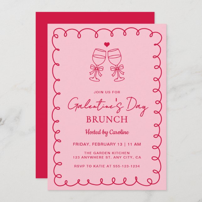 Hand Drawn Pink Red Galentine's Day Brunch Einladung (Vorne/Hinten)