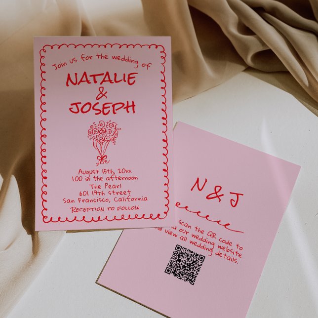 Hand Drawn Pink Red Retro QR Code Wedding Einladung (Von Creator hochgeladen)