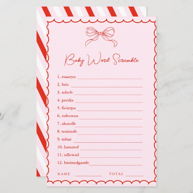 Hand Drawn Pink Red Word Scramble Baby Shower Game (Vorne/Hinten)