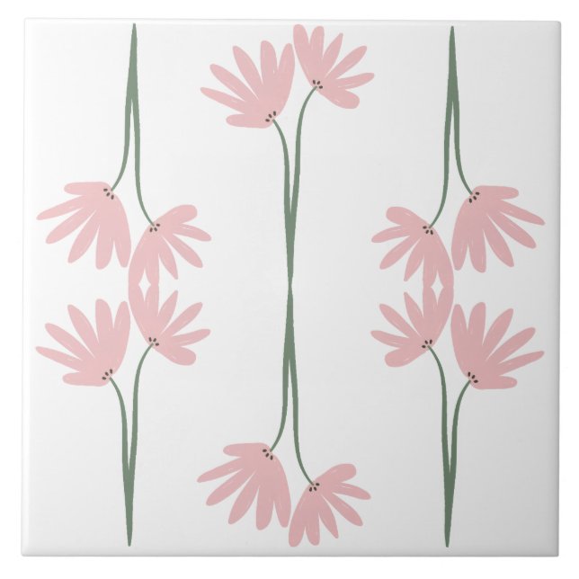 Hand Drawn Pink Wild Flowers White Fliese (Vorderseite)