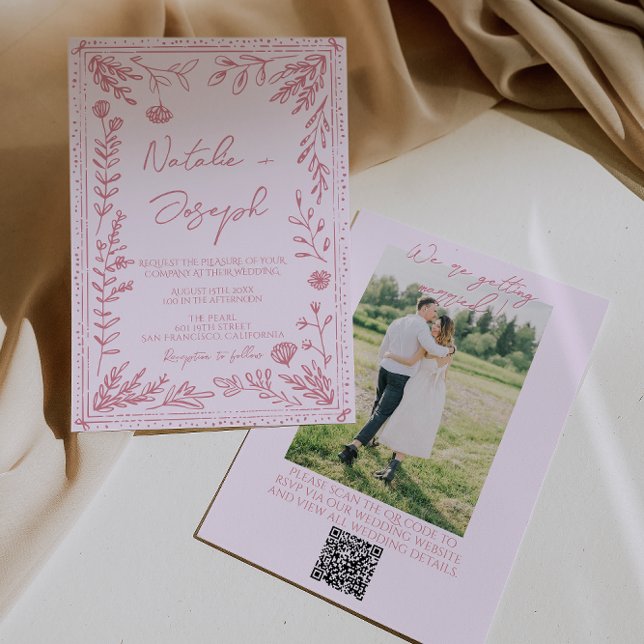 Hand Drawn QR Code Floral Garden Photo Wedding Einladung (Von Creator hochgeladen)