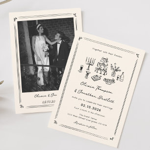 Hand Drawn Quirky Black Old Money Wedding Einladung