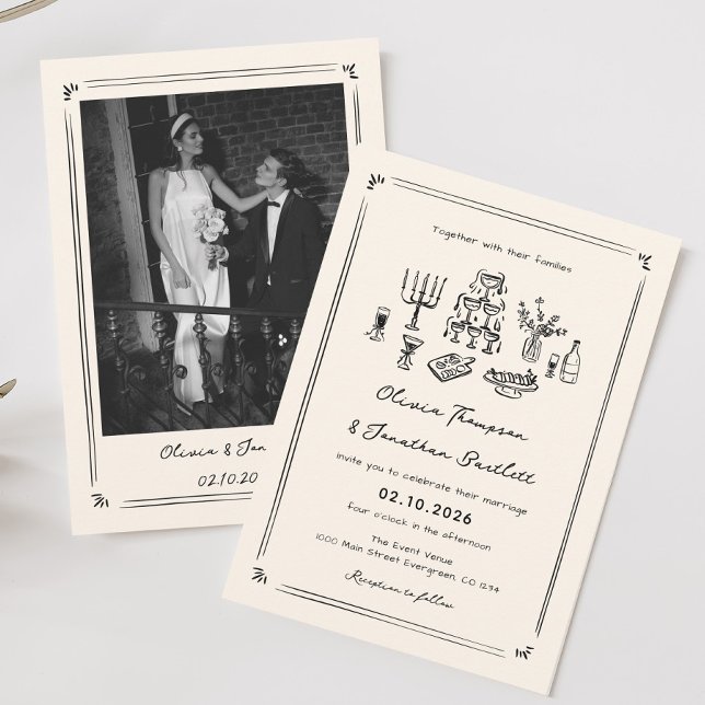 Hand Drawn Quirky Black Old Money Wedding Einladung (Von Creator hochgeladen)