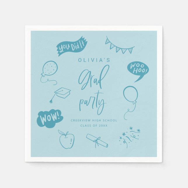 Hand Drawn Quirky Blue Grad Party Serviette (Vorderseite)