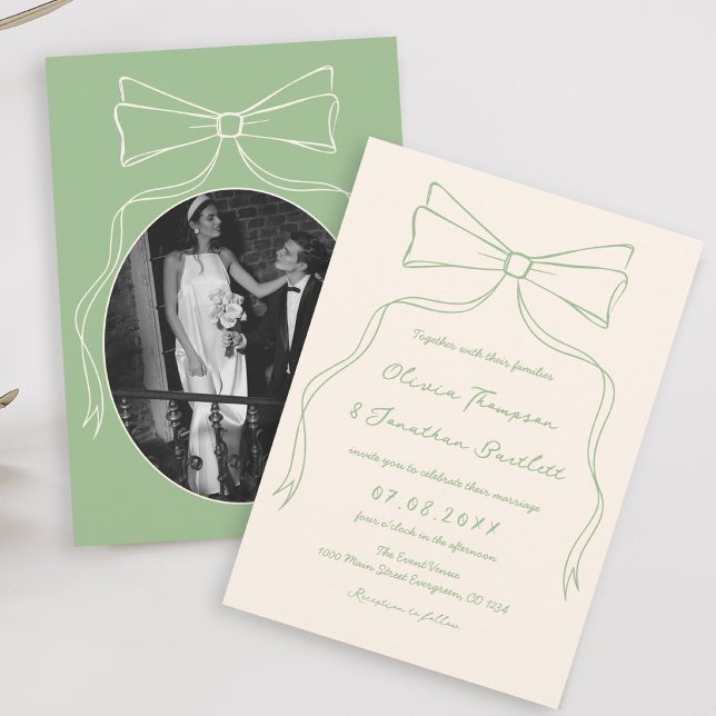 Hand Drawn Quirky Bow Green Wedding Einladung (Von Creator hochgeladen)