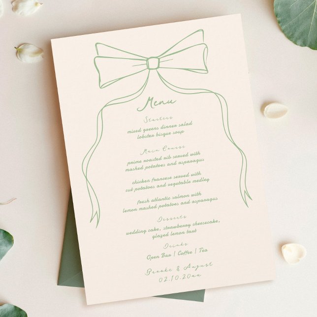 Hand Drawn Quirky Bow Green Wedding Menükarte (Von Creator hochgeladen)