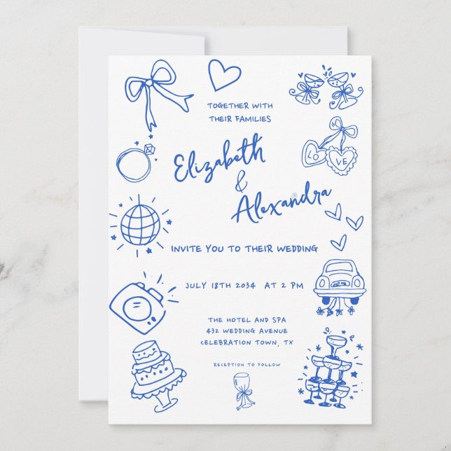 Hand Drawn Quirky French Blue Wedding Einladung (Vorderseite)