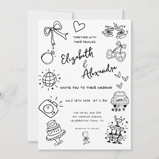 Hand Drawn Quirky French Wedding Einladung (Vorderseite)