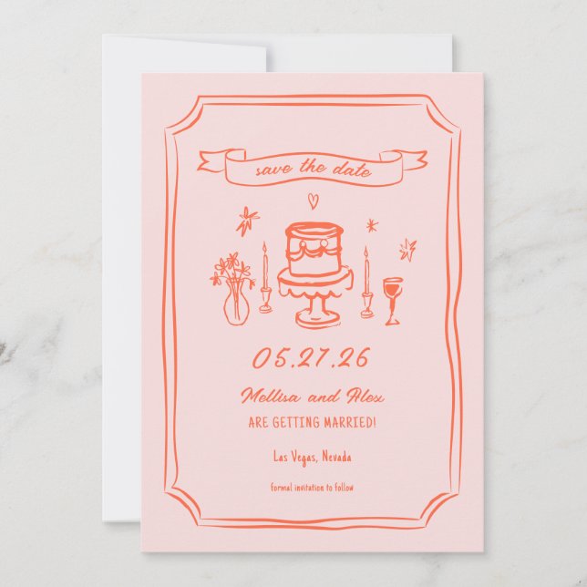 Hand Drawn Quirky Fun Retro Hochzeit Save The Date (Vorderseite)