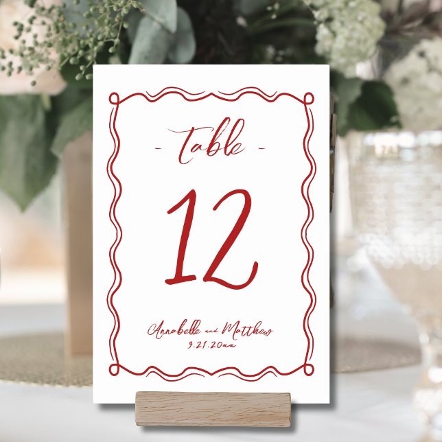 Hand Drawn Quirky Red Whimsical Wedding Tischnummer (Hand Drawn Quirky Red Whimsical Wedding Table Number )