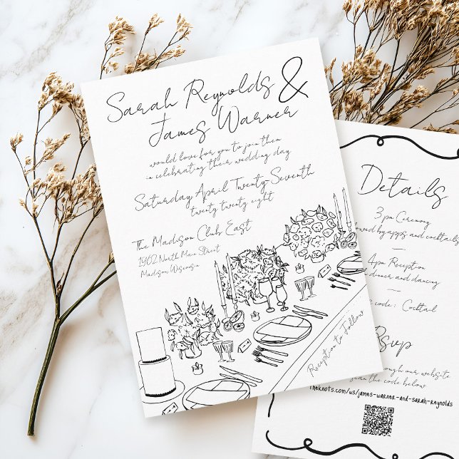Hand Drawn Quirky Scribble Black & White Wedding Einladung (Elegant romantic hand drawn handwritten quirky scribble black and white floral table wedding cards)