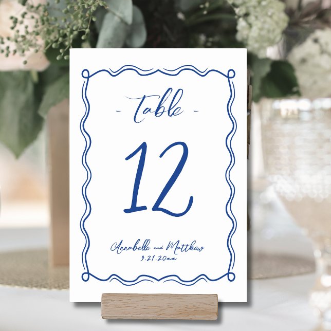 Hand Drawn Quirky Whimsical Blue Wedding Tischnummer (Hand Drawn Quirky Whimsical Wedding Table Number )