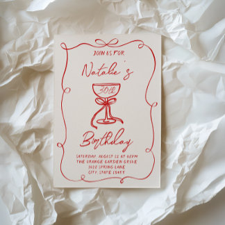 Hand Drawn Red Bow Martini 30. 50. 40. Geburtstag Einladung