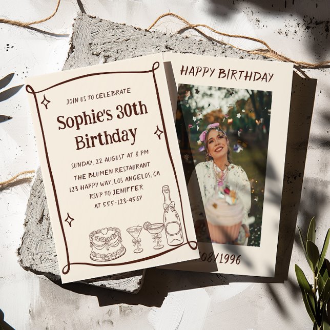 Hand Drawn Red & Cream 30TH Birthday Photo  Einladung (Von Creator hochgeladen)