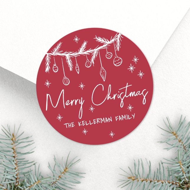Hand Drawn Red Merry Christmas Runder Aufkleber (Hand Drawn Red Merry Christmas Classic Round Sticker)