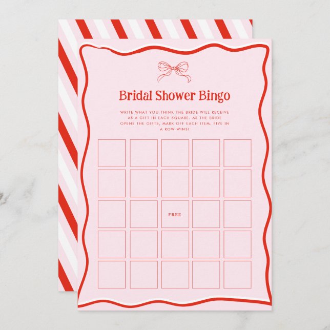 Hand Drawn Red Pink Bow Bridal Shower Bingo Game Einladung (Vorne/Hinten)