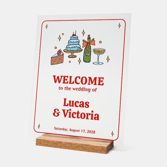 Hand Drawn Red Playful Whimsical Wedding Welcome Acrylschild (Winkel)