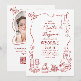 Hand Drawn Retro Whimsical Burgundy Wedding Photo Einladung