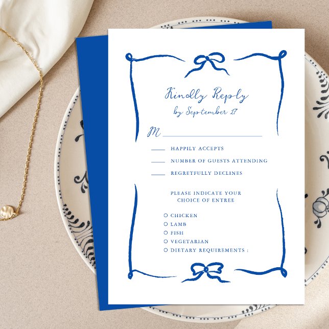 Hand Drawn Ribbon Doodle Französisch Blue Wedding RSVP Karte (Von Creator hochgeladen)