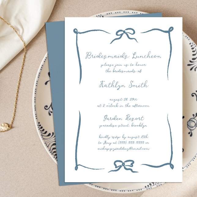 Hand Drawn Ribbon Dusty Blue Bridesmaids Luncheon Einladung (Von Creator hochgeladen)