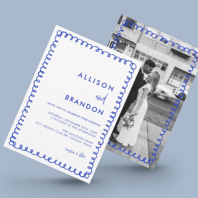 Hand Drawn Ribbon French Blue Wedding Foto Einladung (Von Creator hochgeladen)