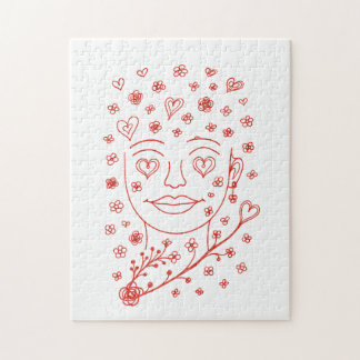 Hand-Drawn Romantic Line Art Face with Hearts and  Puzzle