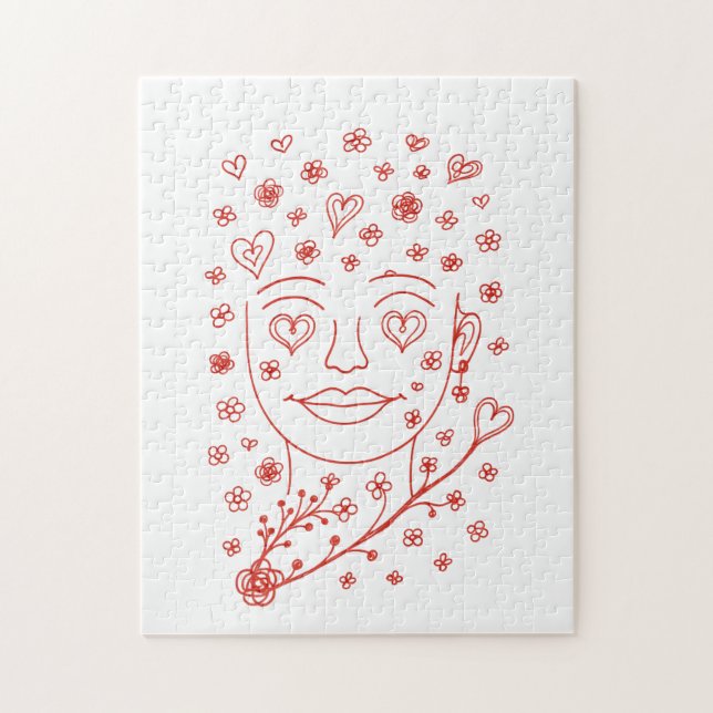 Hand-Drawn Romantic Line Art Face with Hearts and  Puzzle (Vertikal)